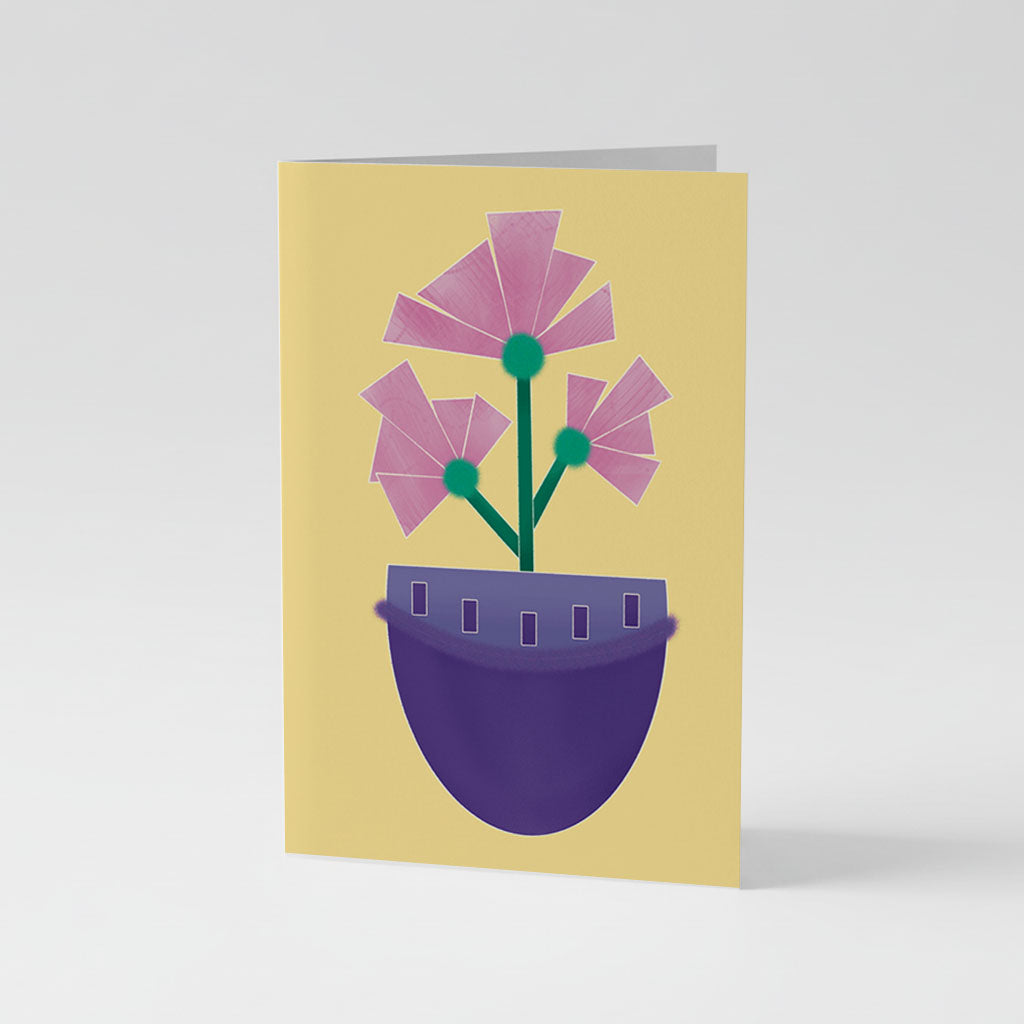 A6 Greetings Card Vertical - Modern illustration of pink geometric flowers in a deep purple pot against a bright yellow background