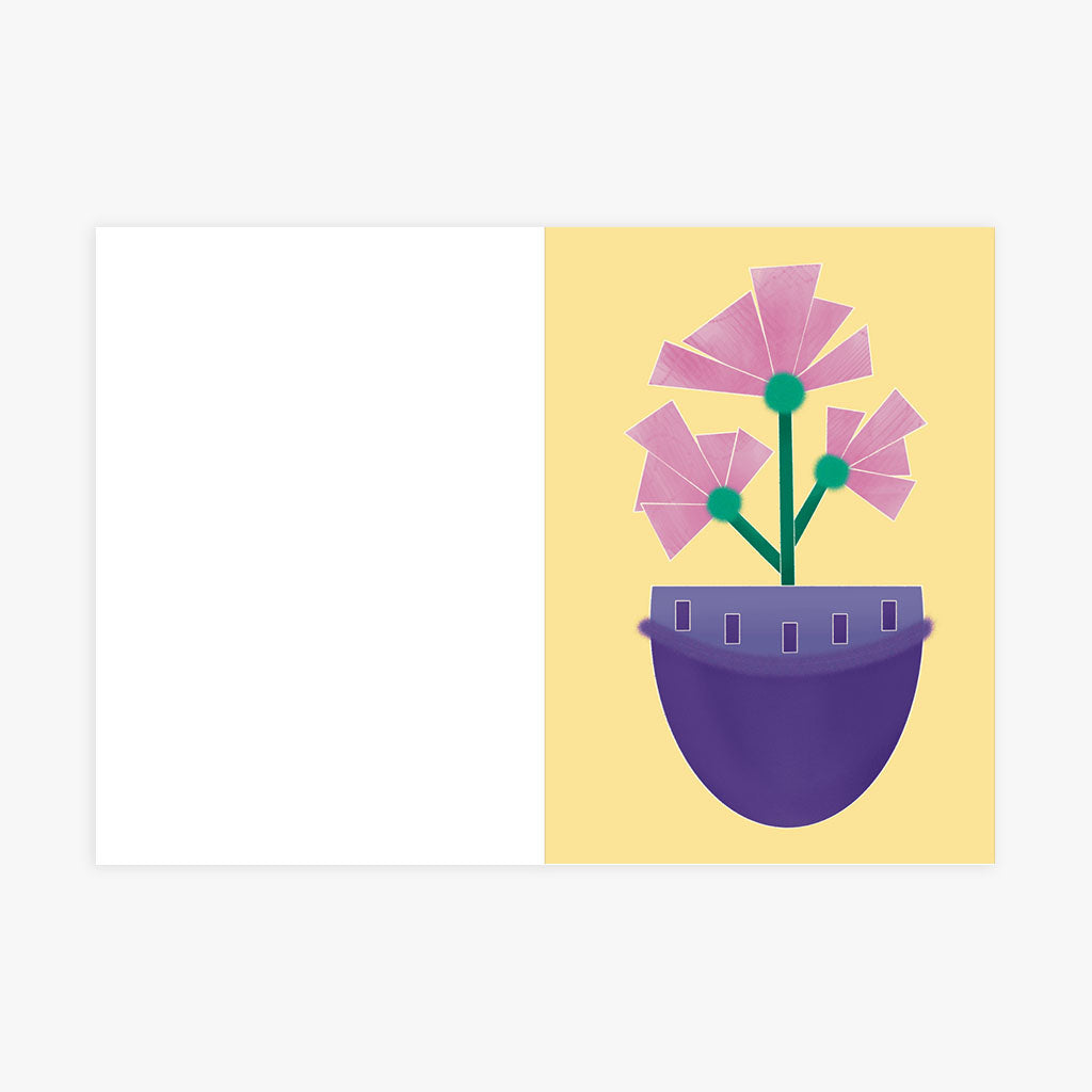 A6 Folded Greeting Card - Minimalist potted plant artwork with pink blooms and green stems on cheerful yellow card design