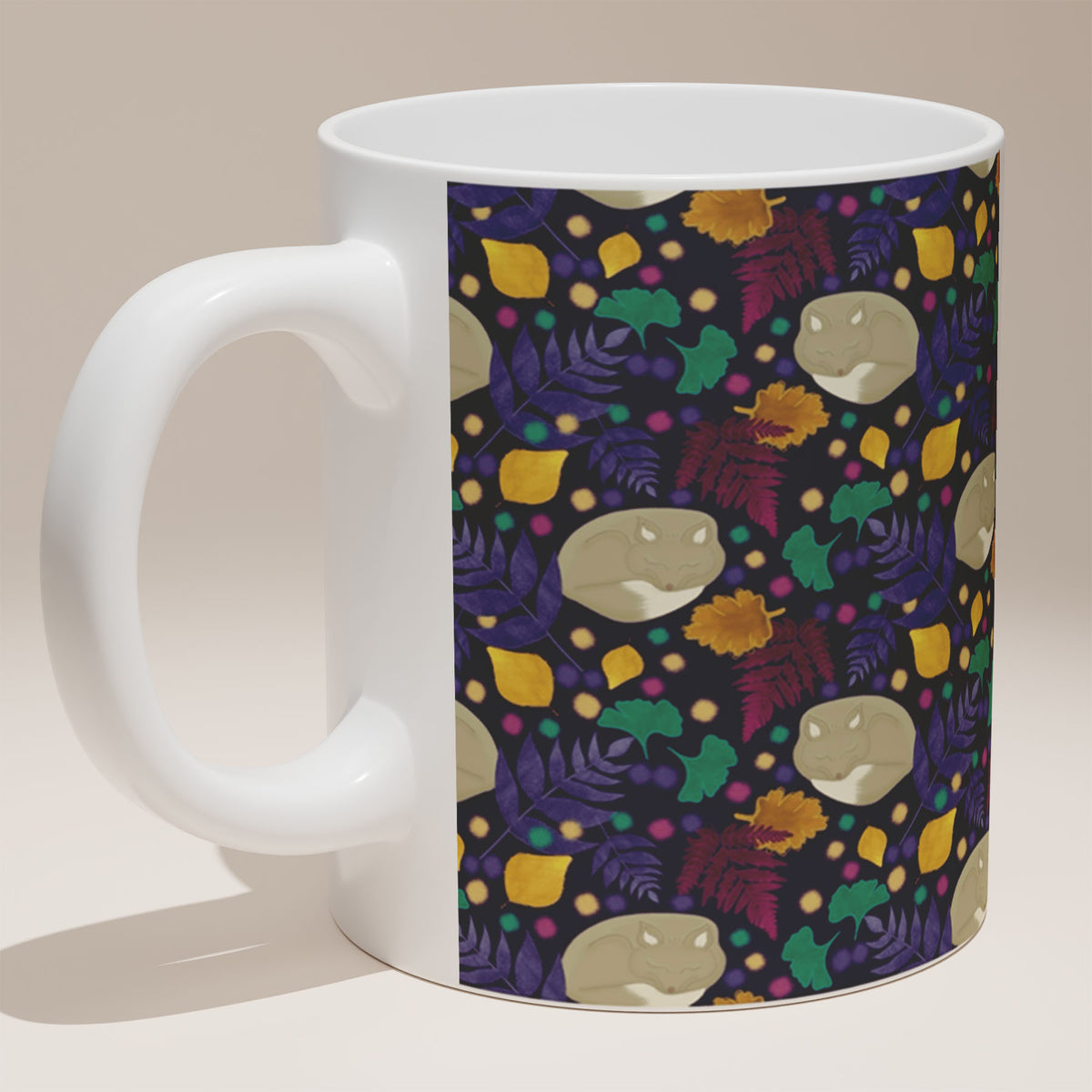 Ceramic Mug 11oz White - Playful autumn pattern with scattered leaves in jewel tones and whimsy cream characters