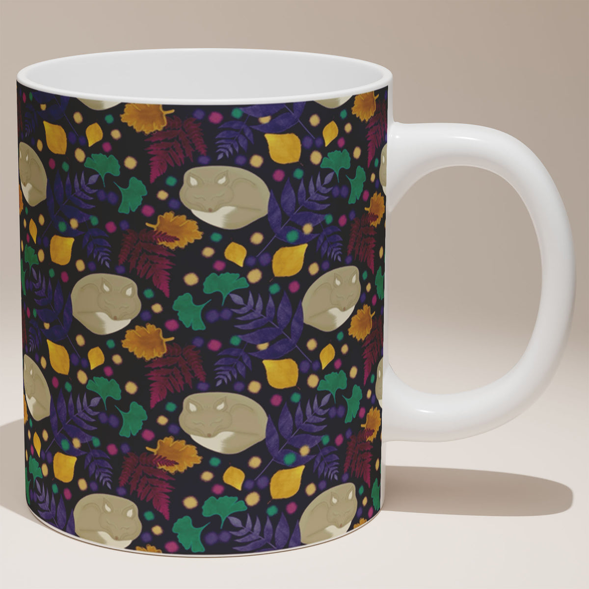 Ceramic Mug 11oz White - Rich burgundy and purple foliage design with cream woodland creatures on navy