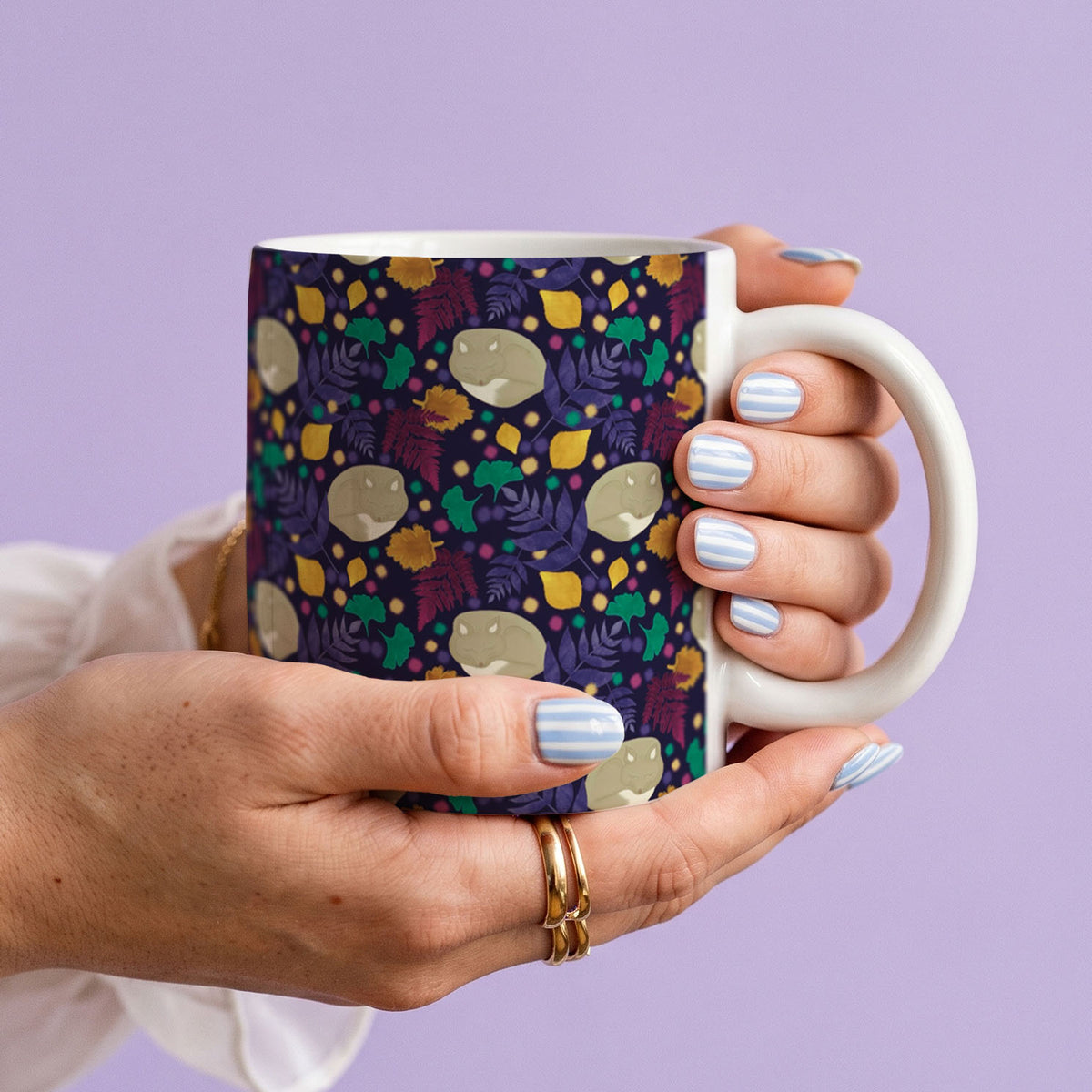 Ceramic Mug 11oz White - Golden and emerald autumn leaves with cute cream characters in repeat pattern