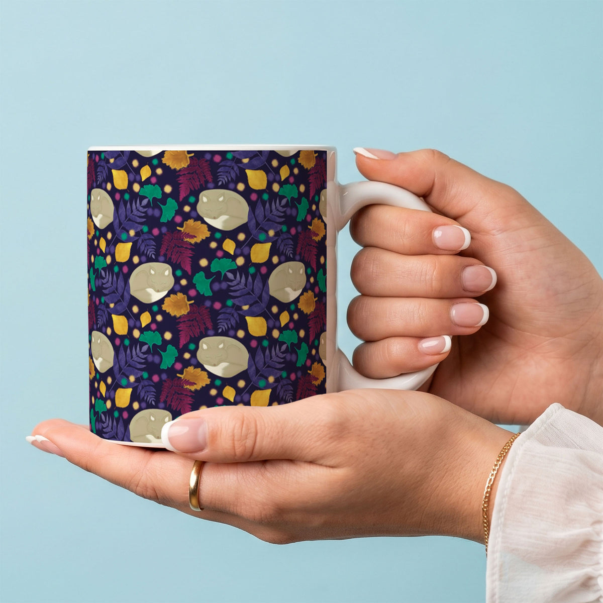 Ceramic Mug 11oz White - Seasonal design featuring vibrant multi-coloured leaves and charming cream animals