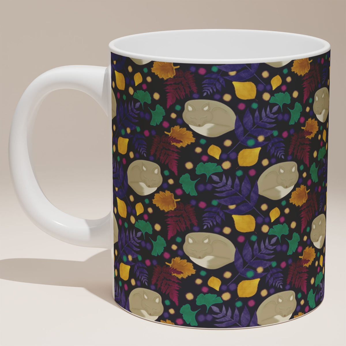 Ceramic Mug 11oz White - Cosy autumn aesthetic with jewel-tone leaves and playful cream creature motifs