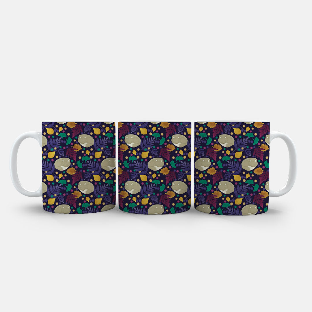 Ceramic Mug 11oz White - Autumn forest-inspired pattern with cream critters among colourful fall foliage