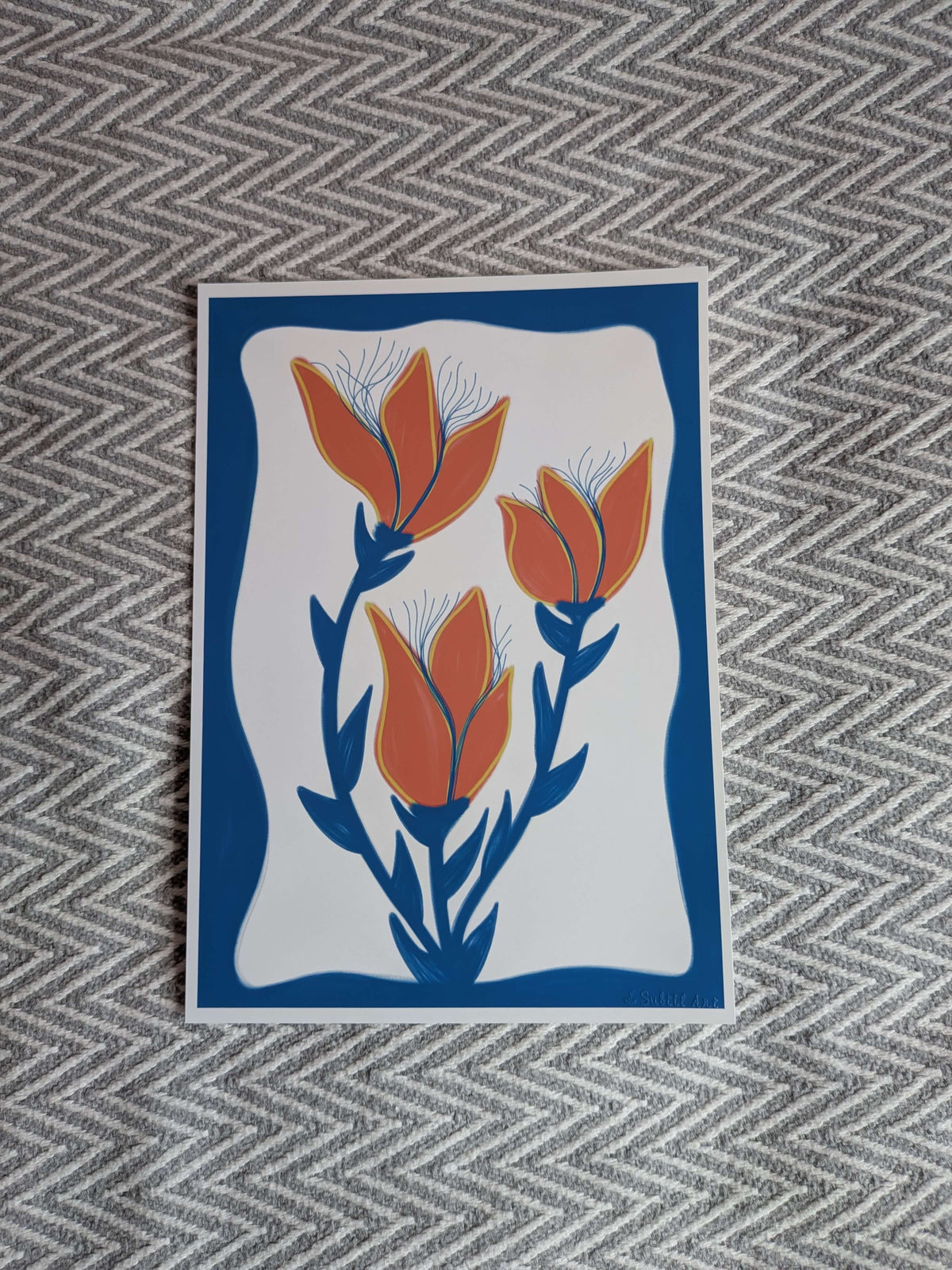 Blue Orange Flower Illustration, A4 Art Print, Home Decor, Modern Art, Philosophical Positive Decor, Unframed Wall Art