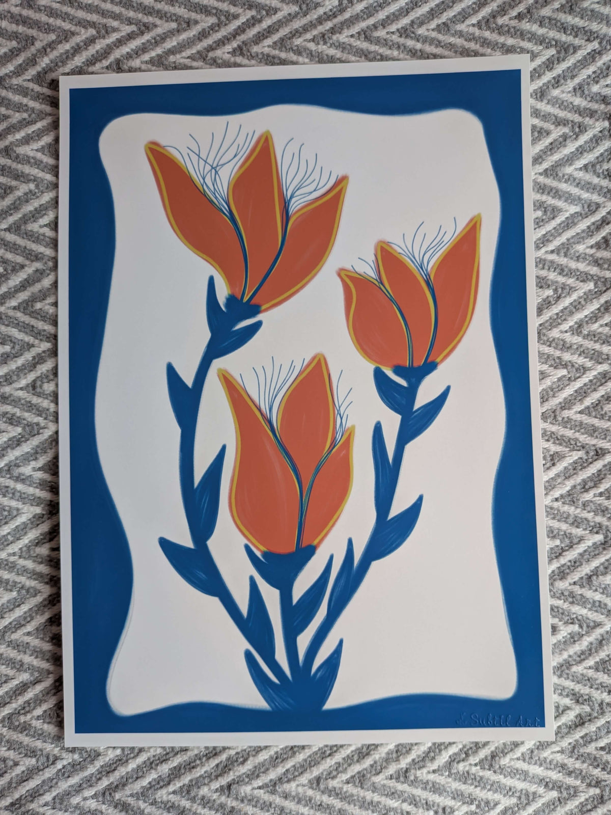 Blue Orange Flower Illustration, A4 Art Print, Home Decor, Modern Art, Philosophical Positive Decor, Unframed Wall Art