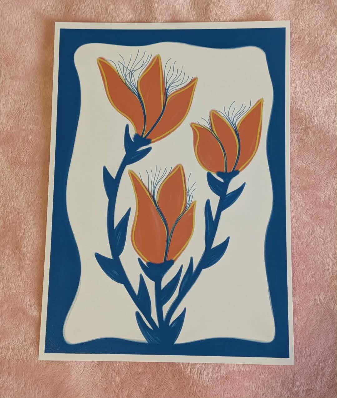 Blue Orange Flower Illustration, A4 Art Print, Home Decor, Modern Art, Philosophical Positive Decor, Unframed Wall Art