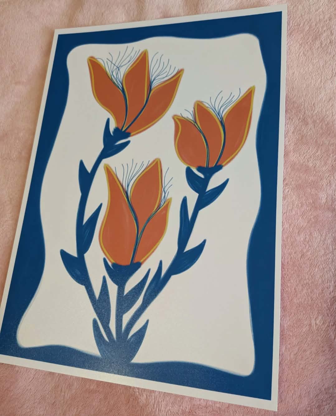 Blue Orange Flower Illustration, A4 Art Print, Home Decor, Modern Art, Philosophical Positive Decor, Unframed Wall Art